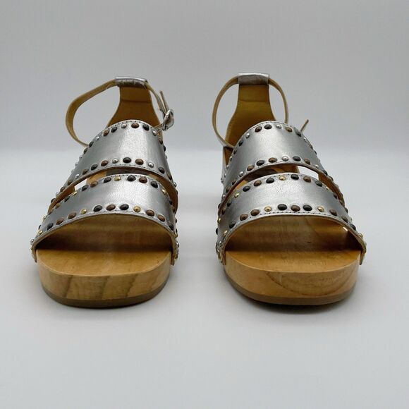 Free People Sandals 10 / 41 North Shore Clog Silver Leather Strappy Studded Wood - Picture 3 of 8